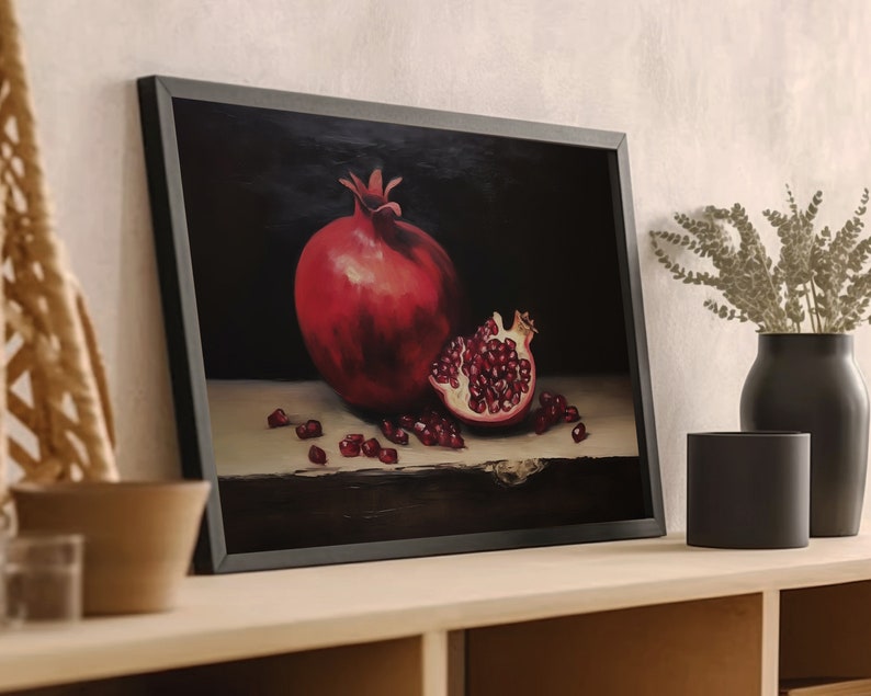 Pomegranate Still Life Oil Painting, Kitchen Wall Art, Moody Fruit Print, Vintage Red Garnet Printable Decor, Dark Minimalist Aesthetic zdjęcie 6