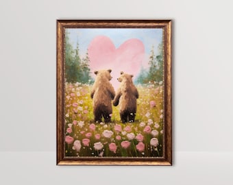Bear Couple | Valentines Wall Art, Cottagecore Valentine Decor, Cute Bears Love Gifts, Romantic Art Print, Wildflower Oil Painting Printable