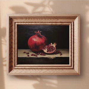Pomegranate Still Life Oil Painting, Kitchen Wall Art, Moody Fruit Print, Vintage Red Garnet Printable Decor, Dark Minimalist Aesthetic zdjęcie 5
