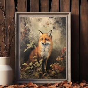 Fox | Cottagecore Print, Forest Animal Vintage Oil Painting, Botanical Wall Art, Whimsical Fox Poster Victorian Aesthetic Woodland Printable image 3