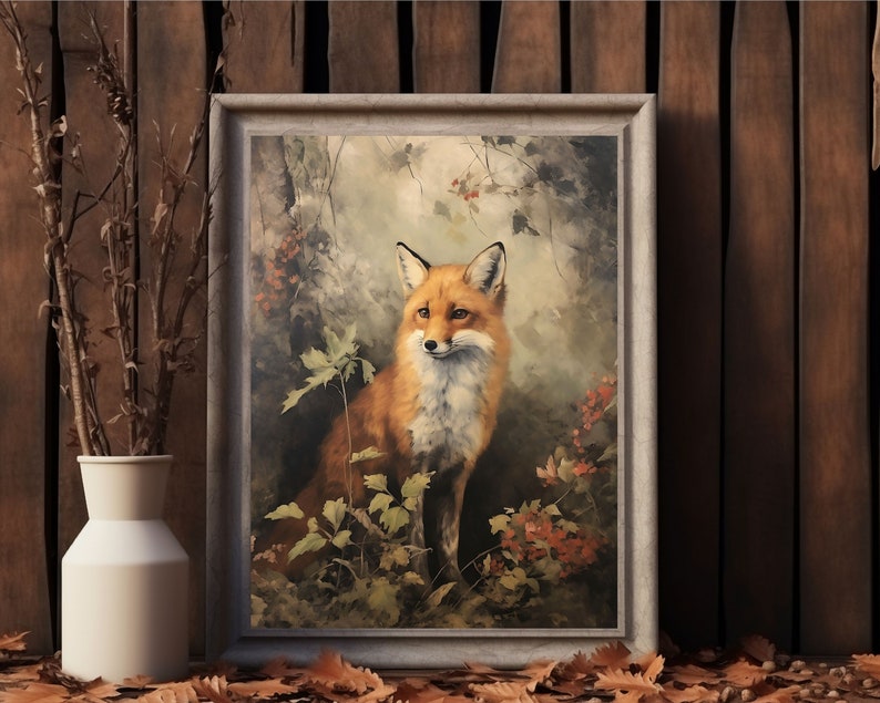 Fox | Cottagecore Print, Forest Animal Vintage Oil Painting, Botanical Wall Art, Whimsical Fox Poster Victorian Aesthetic Woodland Printable image 3