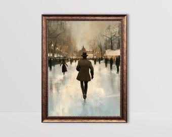 Ice Skating Gentleman | Winter Wall Art, Skating Minister Painting, Vintage Moody Christmas Village Print, Snowy Landscape Skating Rink Art
