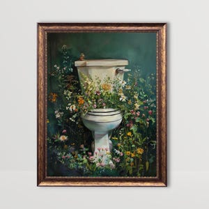 May include: A framed painting of a white toilet bowl surrounded by a variety of colorful flowers. The toilet bowl is set against a dark green background.