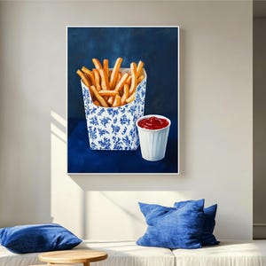 trendy blue prints,blue kitchen prints,fast food art,dorm wall decor,retro wall art,french fries art,french fries painting,funny snack prints,kitchen wall art,food wall art,funny food prints,fun kitchen art,still life wall art,still life painting,bar cart decor,moody kitchen decor,dark kitchen art,kitchen wall decor, moody kitchen print, moody kitchen art,food art print,fun kitchen art, still life prints,bar cart print,bar cart art,funny kitchen art,foodie wall art,nautical wall art