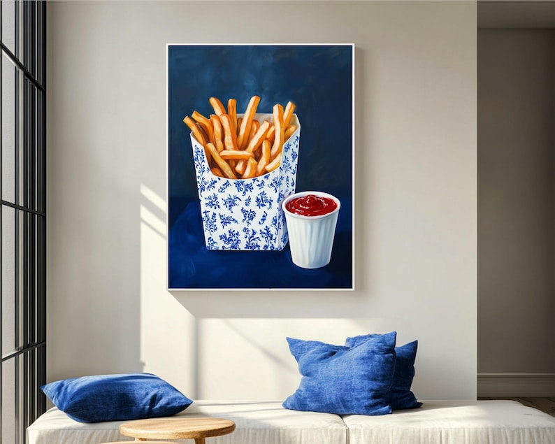 trendy blue prints,blue kitchen prints,fast food art,dorm wall decor,retro wall art,french fries art,french fries painting,funny snack prints,kitchen wall art,food wall art,funny food prints,fun kitchen art,still life wall art,still life painting,bar cart decor,moody kitchen decor,dark kitchen art,kitchen wall decor, moody kitchen print, moody kitchen art,food art print,fun kitchen art, still life prints,bar cart print,bar cart art,funny kitchen art,foodie wall art,nautical wall art