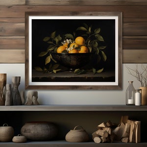 orange art print,orange oil painting,moody fruit print,kitchen wall art, vintage citrus print,fruit bowl print,fruit still life, still life painting, antique fruit prints,kitchen painting,oranges wall art,rustic farmhouse kitchen fruit print