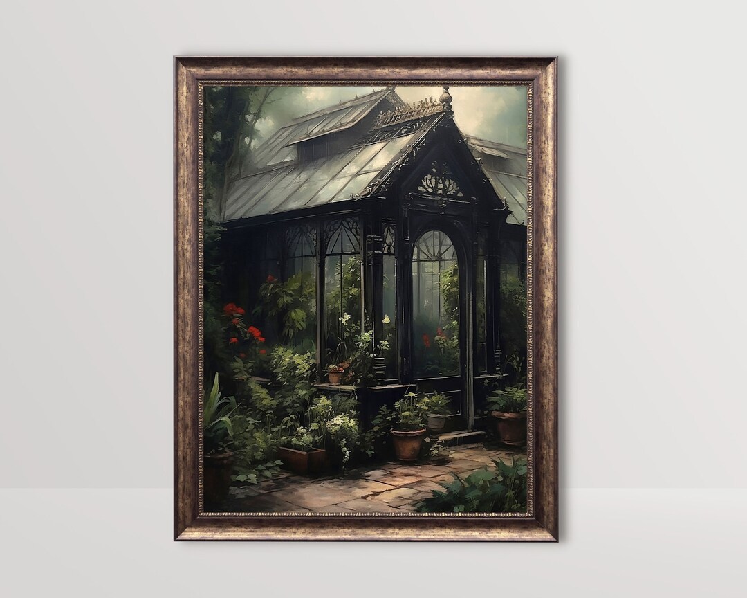Moody Victorian Greenhouse Dark Academia Painting, Cottagecore