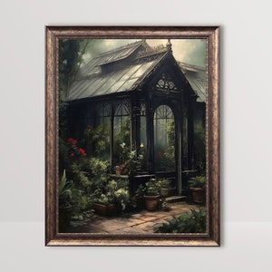 Stimmungsvolles viktorianisches Gewächshaus | Dark Academia Gemälde, Cottagecore ästhetische Wandkunst, barock botanischer Druck, Vintage Ölgemälde druckbare