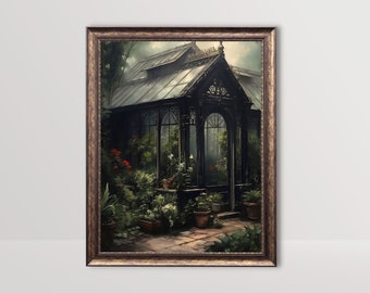 Moody Victorian Greenhouse | Dark Academia Painting, Cottagecore Aesthetic Wall Art, Baroque Botanical Print, Vintage Oil Painting Printable