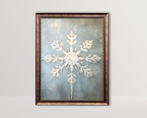 Vintage Festive Snowflake | Rustic Holiday Wall Art, Winter Home Decor Blue Neutral Nordic Print Christmas Painting Farmhouse Xmas Printable