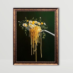 Spaghetti op vork | Pastadiner muurkunst humeurig grillig keukendecor leuk Italiaans eten print donkergroene bloemen Italië eetkamer schilderij
