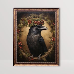 Christmas Raven with Festive Crown | Dark Academia Wall Art, Gothic Crow Vintage Painting, Moody Holiday Decor, Winter Print, Xmas Printable