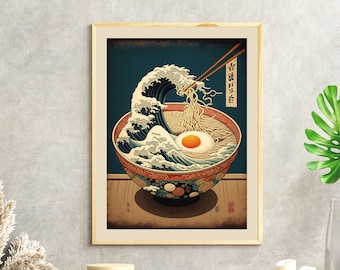Japanese Ramen Bowl Printable Wall Art Great Wave off Kanagawa Print Ukiyo-e Ramen Noodles Wave Painting Katsushika Hokusai Kitchen Wall Art