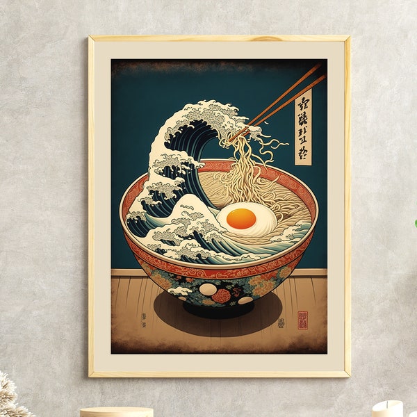Japanese Ramen Bowl Printable Wall Art Great Wave off Kanagawa Print Ukiyo-e Ramen Noodles Wave Painting Katsushika Hokusai Kitchen Wall Art
