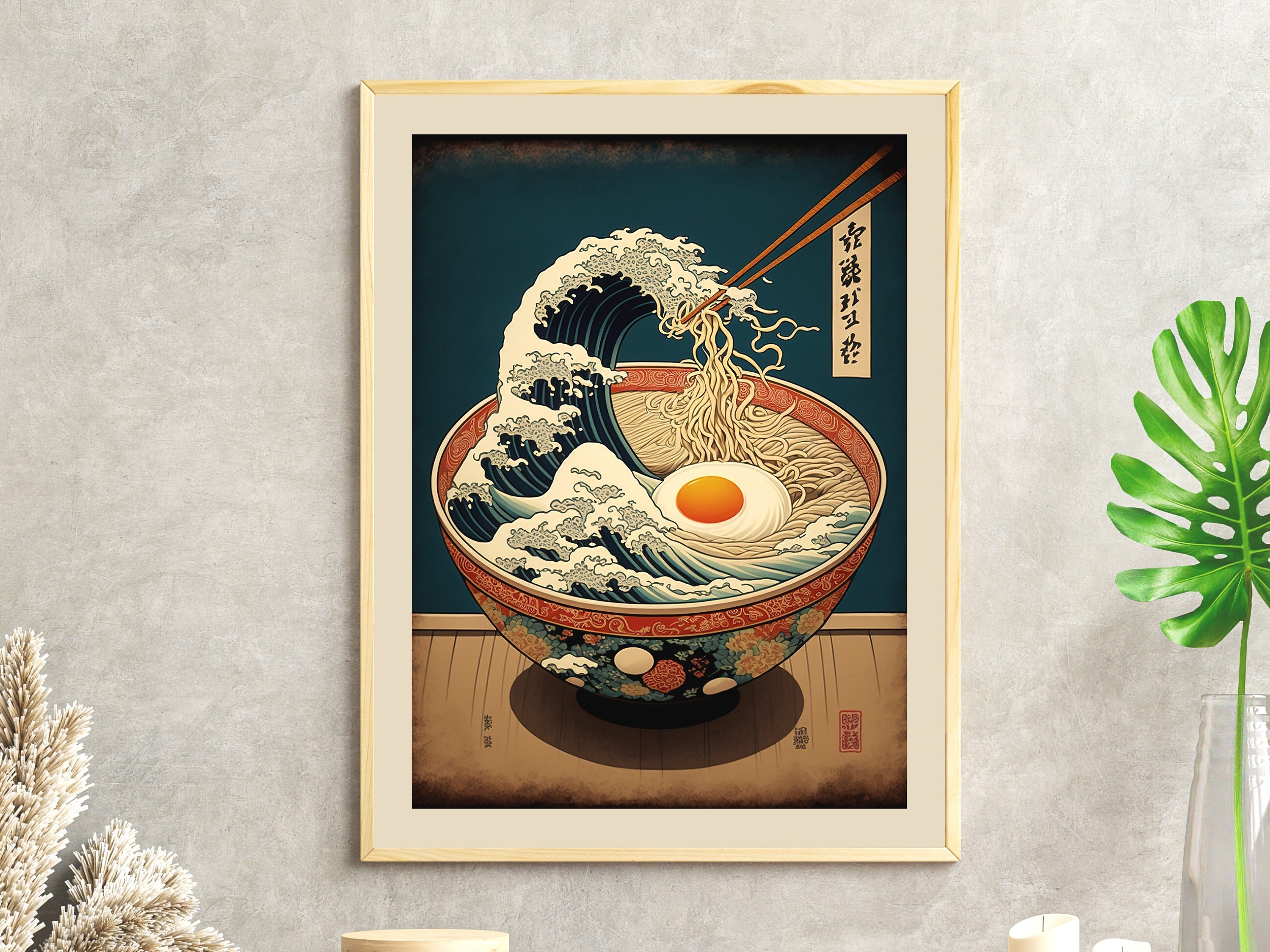 Japanese Ramen Bowl Printable Wall Art Great Wave off Kanagawa Print Ukiyo-e Ramen Noodles Wave Painting Katsushika Hokusai Kitchen Wall Art