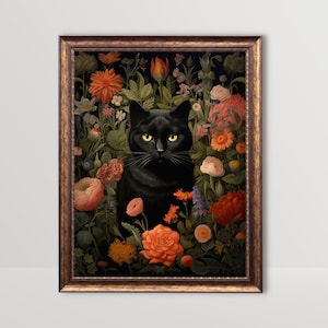 黒猫と花 | ゴシック フローラル プリント、ダーク コテージコア ウォール アート、魔女の美学、ゴス デコレーション、植物のビンテージ ペインティング プリント可能