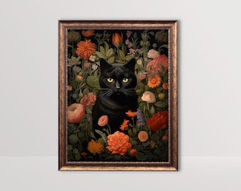 May include: A black cat with yellow eyes sits in a frame surrounded by a variety of colorful flowers, including red, orange, pink, and purple.