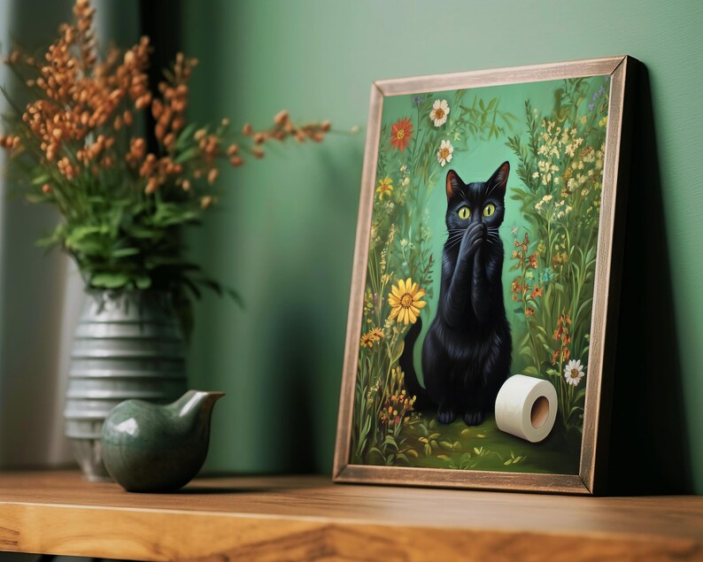 Cat Toilet Paper | Funny Bathroom Wall Art, Green Powder Room Prints ...