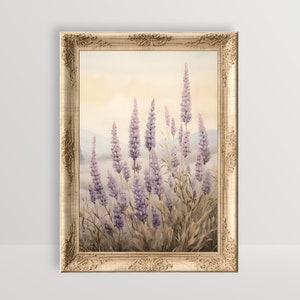 Lavender Field | Vintage Oil Painting, Cottagecore Print, Neutral Floral Wall Art Boho Farmhouse Aesthetic Decor Country Botanical Printable