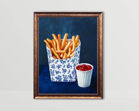 French Fries | Trendy Blue Wall Art Fun Kitchen Print Fast Food Art Funny Still Life Painting Retro Fancy Snack Bar Cart Art Dorm Room Decor