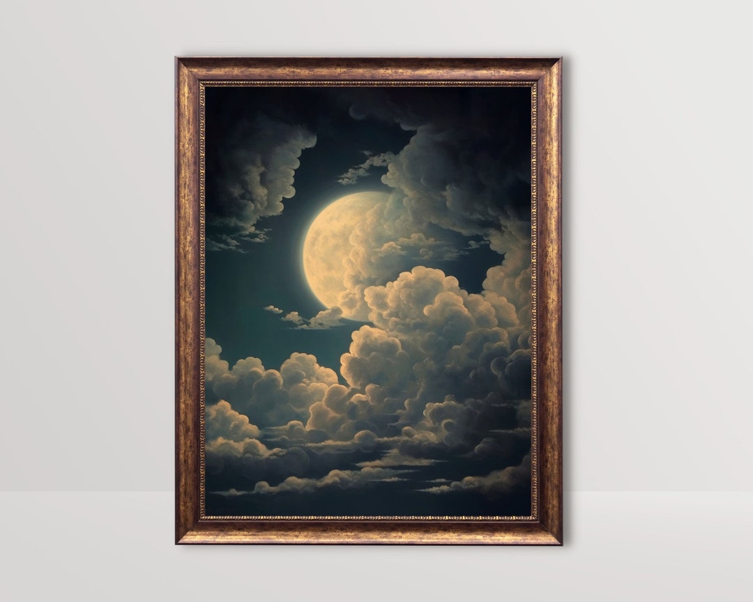 Moon and Clouds | Antique Celestial Wall Art, Moody Night Sky Painting ...