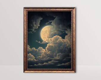 May include: A framed painting of a full moon shining through clouds in a dark night sky.