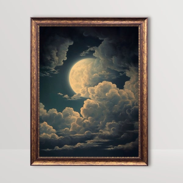 Moon and Clouds | Antique Celestial Wall Art, Moody Night Sky Painting, Dark Academia Print, Vintage Cloud Moon Art Decor, Witchy Aesthetic