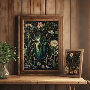 beetle wall art,green beetle art print,insect wall art,dark academia prints,dark green art,dark botanical art,moody goth wall art,moody art printable,dark floral print,gothic room decor,goth cottagecore decor,beetle bug poster,vintage insect prints