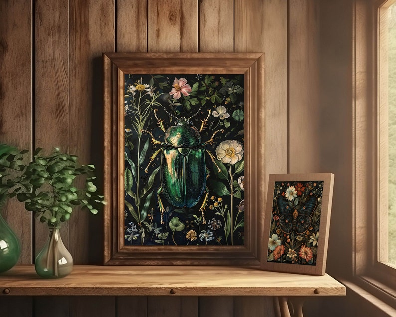beetle wall art,green beetle art print,insect wall art,dark academia prints,dark green art,dark botanical art,moody goth wall art,moody art printable,dark floral print,gothic room decor,goth cottagecore decor,beetle bug poster,vintage insect prints