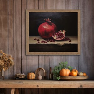 Pomegranate Still Life Oil Painting, Kitchen Wall Art, Moody Fruit Print, Vintage Red Garnet Printable Decor, Dark Minimalist Aesthetic zdjęcie 2