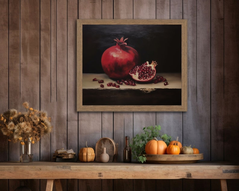 Pomegranate Still Life Oil Painting, Kitchen Wall Art, Moody Fruit Print, Vintage Red Garnet Printable Decor, Dark Minimalist Aesthetic zdjęcie 2