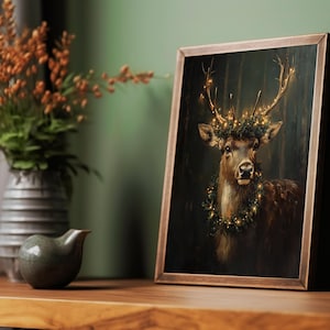 reindeer print,dark christmas wall art,moody winter print,dark academia prints,reindeer painting,holiday home decor,festive xmas decor, christmas printables,vintage christmas prints,cottagecore christmas,christmas deer print, vintage reindeer art
