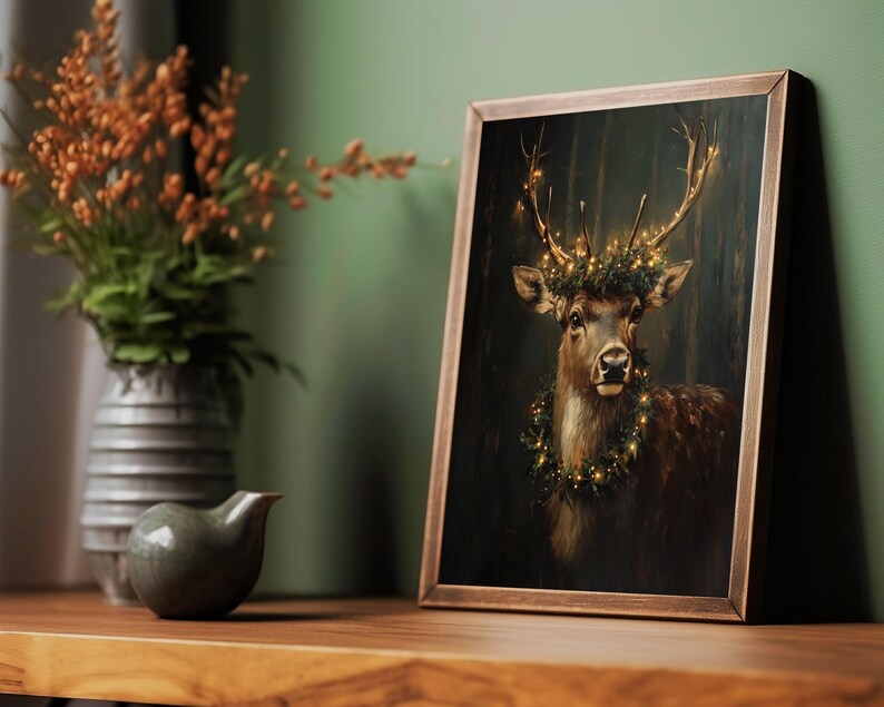 reindeer print,dark christmas wall art,moody winter print,dark academia prints,reindeer painting,holiday home decor,festive xmas decor, christmas printables,vintage christmas prints,cottagecore christmas,christmas deer print, vintage reindeer art
