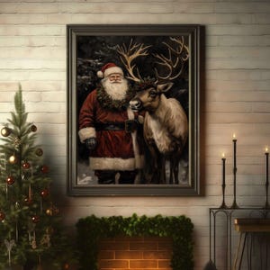 dark christmas decor,moody christmas art,dark academia decor,santa reindeer print,reindeer wall art,santa wall art,black background art,vintage christmas,vintage santa claus reindeer print,santa printable,vintage winter print,dark academia santa