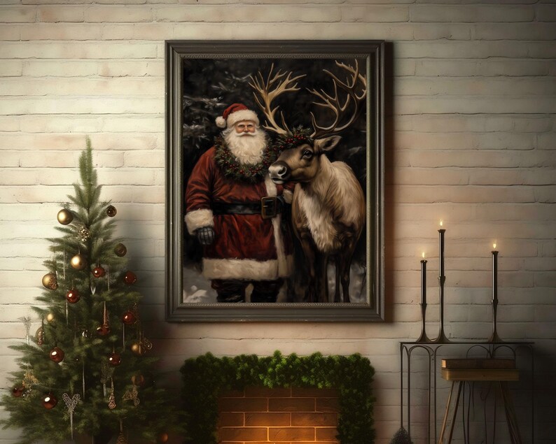 dark christmas decor,moody christmas art,dark academia decor,santa reindeer print,reindeer wall art,santa wall art,black background art,vintage christmas,vintage santa claus reindeer print,santa printable,vintage winter print,dark academia santa