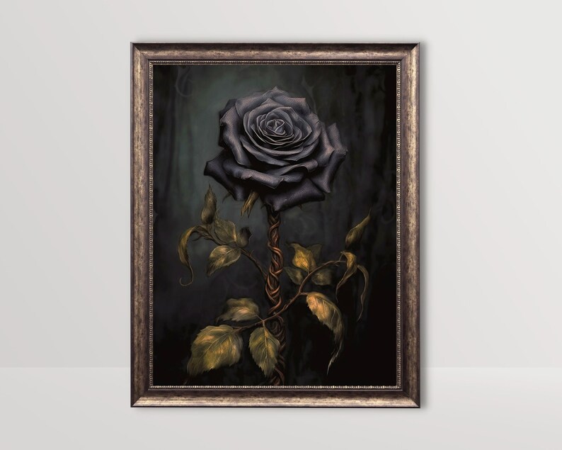 May include: A single black rose with gold-colored thorns and leaves against a dark green background. The rose is framed in a gold-colored frame.