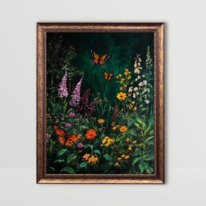 Schmetterlinge in Wildblumen | Dunkelgrüne Wand Kunst Stimmungsvolle Wildblumen Feld Kunst Wunderlicher Kunstdruck Vintage Schmetterling Blumen Malerei Druckbar