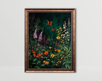 May include: A framed painting of a lush green garden with a variety of flowers and butterflies. The butterflies are orange and black with white spots. The flowers are in shades of pink, purple, yellow, and white.
