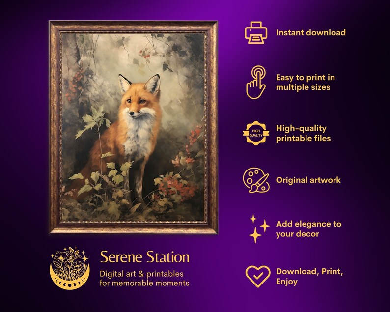 Fox | Cottagecore Print, Forest Animal Vintage Oil Painting, Botanical Wall Art, Whimsical Fox Poster Victorian Aesthetic Woodland Printable image 7
