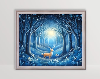 Stag and Moon • Fairytale Art • Woodland Art Printable • Fairycore • Blue Wall Art Print • Moonlight Forest Deer Painting • Fairy tale decor