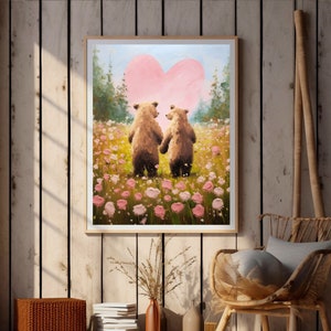 bear print,cottagecore valentine decor,valentines day gift,valentine wall art,valentines prints printable,romantic art print,love wall art,cute animal art,bear lover gift,anniversary gifts,cute bear art,bear couple art,couple gifts,impasto wall art
