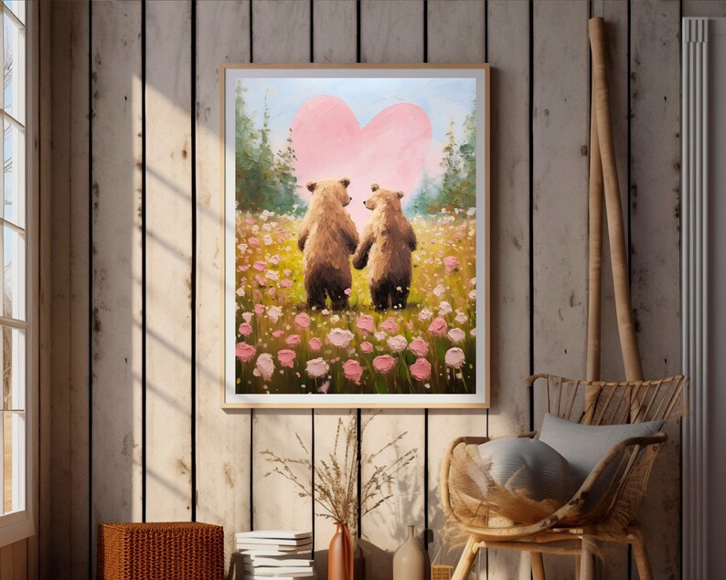 bear print,cottagecore valentine decor,valentines day gift,valentine wall art,valentines prints printable,romantic art print,love wall art,cute animal art,bear lover gift,anniversary gifts,cute bear art,bear couple art,couple gifts,impasto wall art
