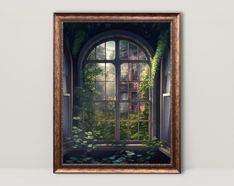 Moody Overgrown Window Oil Painting Printable, Botanical Plant Wall Art, Dark Academia Decor, Vintage Painting, Dark Cottagecore Aesthetic