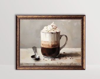 Hot Chocolate with Whipped Cream | Cozy Winter Wall Art, Rustic Farmhouse Decor, Still Life Kitchen Oil Painting Printable, Hot Cocoa Print