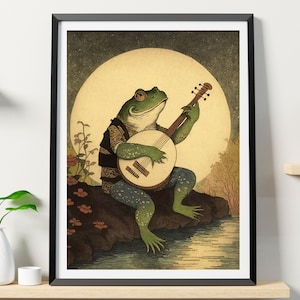 Frog Playing Banjo in Moonlight Vintage Poster Printable, Matsumoto Hoji Frog Wall Art Print, Animal Art, Funny Animal Print, Japanese Print