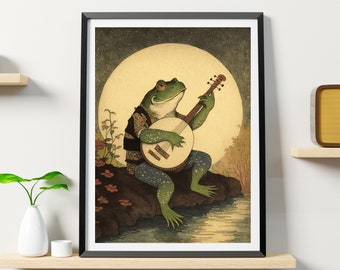 Frog Playing Banjo in Moonlight Vintage Poster Printable, Matsumoto Hoji Frog Wall Art Print, Animal Art, Funny Animal Print, Japanese Print