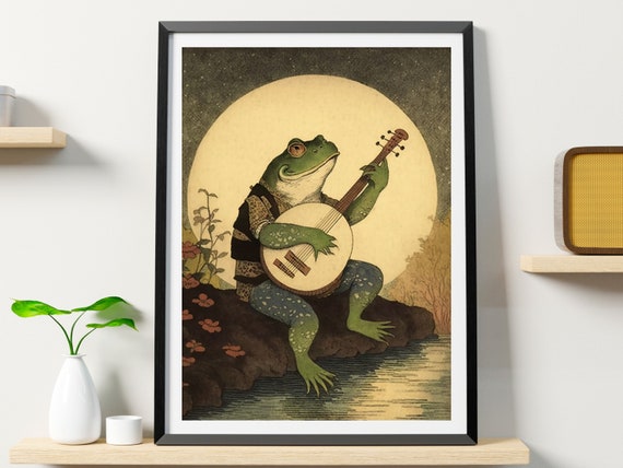 Frog Playing Banjo in Moonlight Vintage Poster Printable