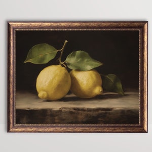 Lemon | Still Life Oil Painting, Kitchen Wall Art, Moody Fruit Art Print, Vintage Citrus Printable, Antique Food Poster, Country House Decor
