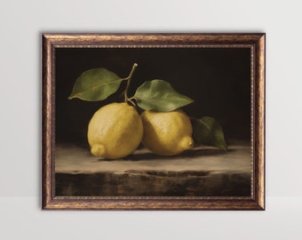 Lemon | Still Life Oil Painting, Kitchen Wall Art, Moody Fruit Art Print, Vintage Citrus Printable, Antique Food Poster, Country House Decor