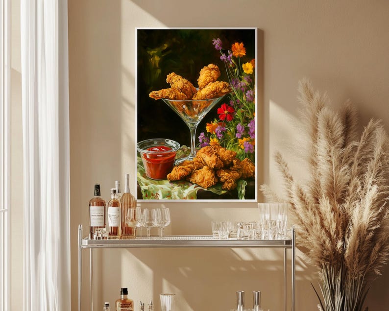 fried chicken art,chicken nugget art,fried chicken painting,kitchen wall art,whimsical wall decor,food wall art,martini glass art,funny food prints,still life wall art,funny snack prints,still life painting bar cart decor,moody kitchen decor, moody kitchen art, dark kitchen art, kitchen wall decor,moody kitchen print, wildflowers art print, whimsical art prints, moody kitchen art, dark kitchen prints,cottagecore wall art,fun kitchen art,dinner wall art,dinning wall art,foodie wall art